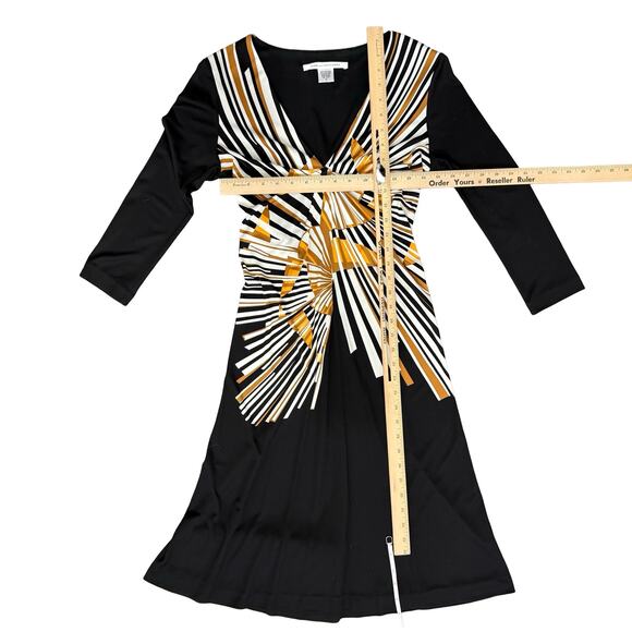 Diane Von Furstenberg 3/4 Sleeve Black Yellow Sunburst Silk Knee Length Dress 10 - Picture 6 of 9